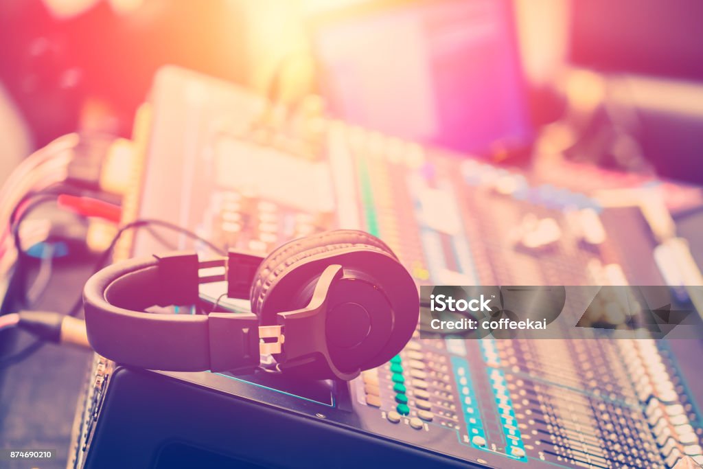 Audio Sound Mixer Adjusting Professional Sound Engineer Operator in Concert Hall Technician Stock Photo