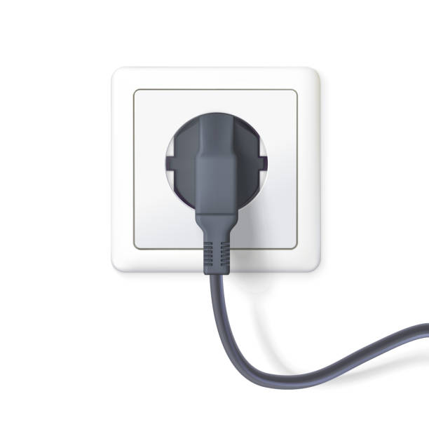The black plug is plugged into the power lines. Plug inserted in a white wall socket. Icon of device for connecting electrical equipment. 3D illustration isolated on white background The black plug is plugged into the power lines. Plug inserted in a white wall socket. Icon of device for connecting electrical equipment. 3D illustration isolated on white background. electric plug stock illustrations
