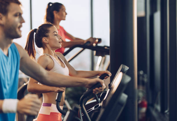 istock Three athletic people warming up on exercise machines in a gym. 874697184