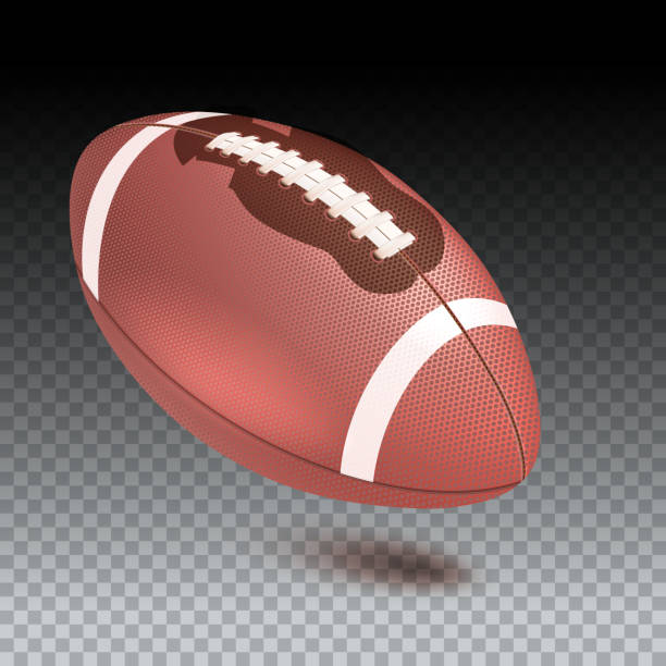 istock American striped football ball, diagonal position in frame. Realistic vector 3D illustration. Icon of the flying Rugby ball with shadow isolated on transparent background 874697406