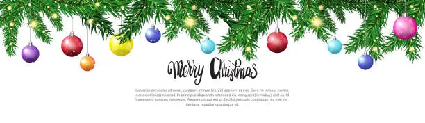 Vector illustration of Christmas Tree Branches With Colorful Balls Hanging On White Background Winter Holidays Decoration Concept