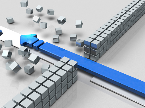 An arrow breaking through an obstacle indicates success. 3D illustration