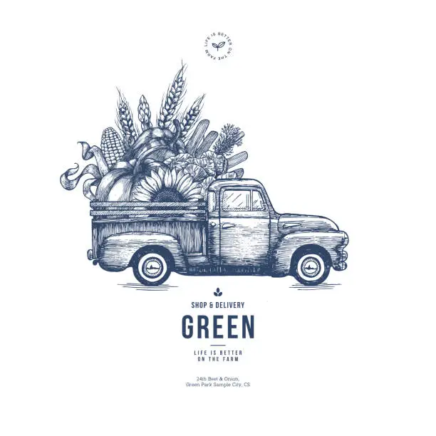 Vector illustration of Farm fresh delivery design template. Classic vintage pickup truck with organic  vegetables. Vector illustration