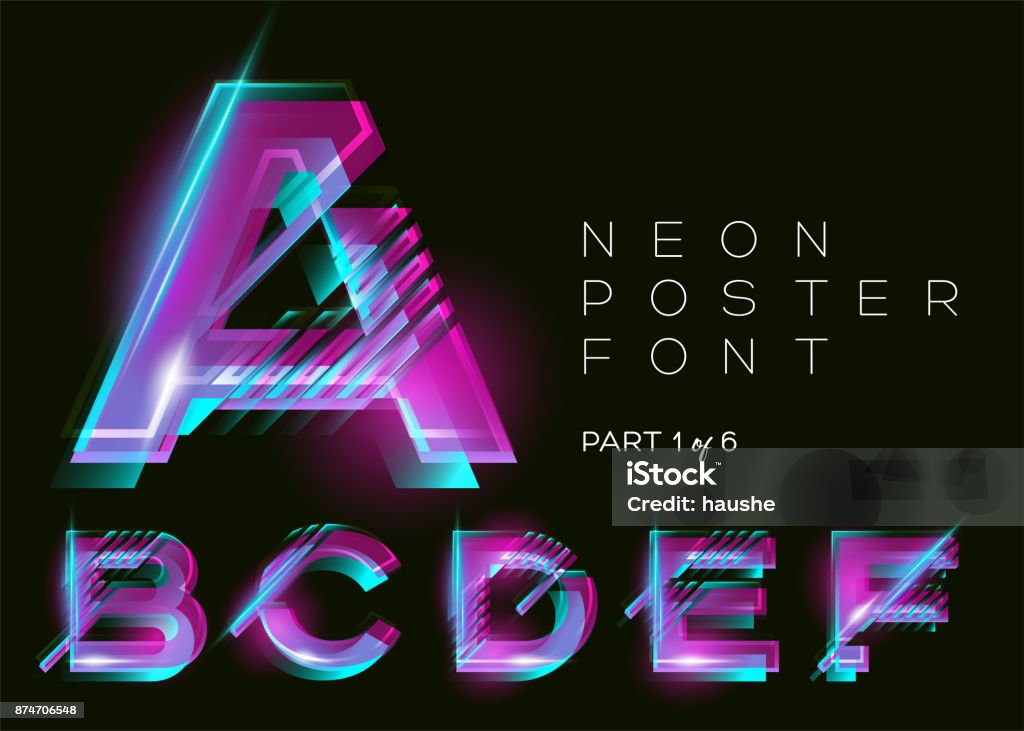 Vector Neon Font. Glowing Colorful Alphabet on Dark Background. Glitch Effect. Vibrant Pink, Blue, Purple Colors. Futuristic Typeset for DJ Music Poster, Night Club, Sale Banner, Fest. Isolated. Typescript stock vector