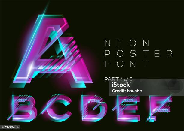 Vector Neon Font Glowing Colorful Alphabet On Dark Background Glitch Effect Vibrant Pink Blue Purple Colors Futuristic Typeset For Dj Music Poster Night Club Sale Banner Fest Isolated Stock Illustration - Download Image Now