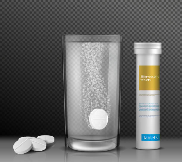 векторная иллюстрация растворимых круглых таблеток в стакане воды и контейнере для них. - antibiotic pain cut out bottle stock illustrations