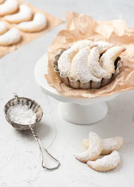 Homemade vanilla cookies with icing sugar. Christmas time.