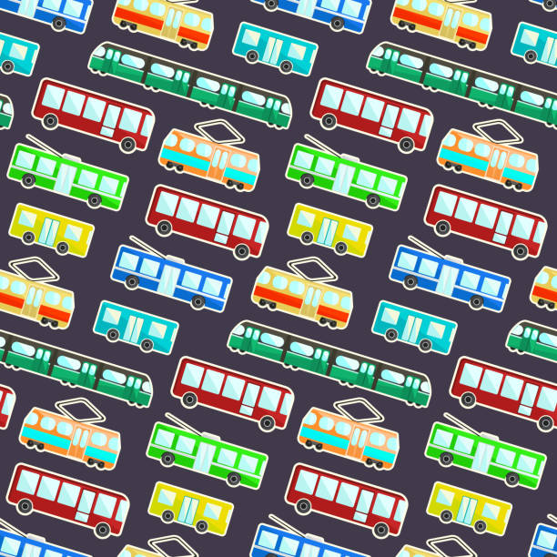 wzór dla dzieci z kreskówkowym płaskim transportem miejskim - bus speed transportation public utility stock illustrations