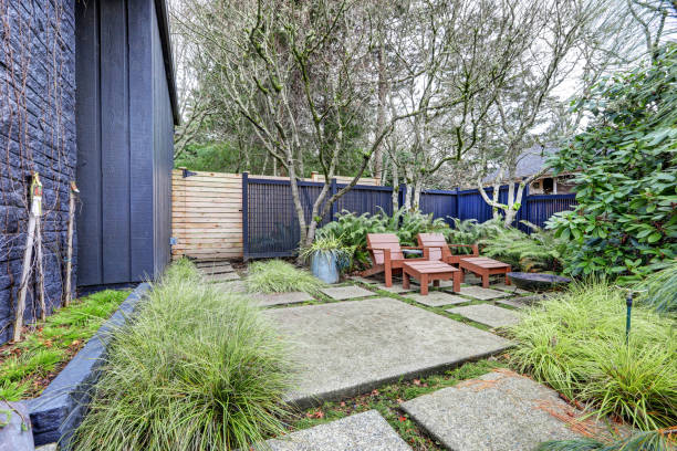 istock Front yard with blue fence and concrete tiles 874711656