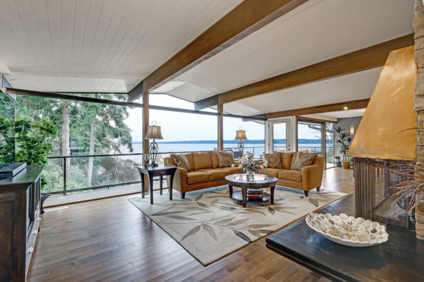 istock Beautiful panorama house interior, great/family room 874712092