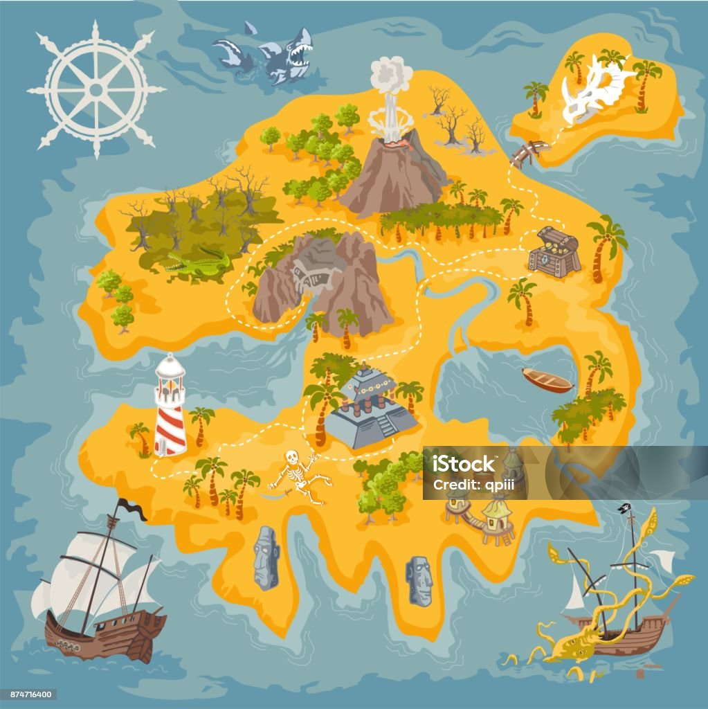 Elementos do vetor mapa da ilha da fantasia pirata em ilustração colorida e mão desenhar do Reino do mistério - Vetor de Mapa royalty-free