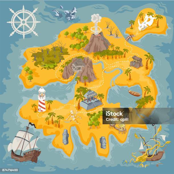 Vetores de Elementos Do Vetor Mapa Da Ilha Da Fantasia Pirata Em Ilustração Colorida E Mão Desenhar Do Reino Do Mistério e mais imagens de Mapa