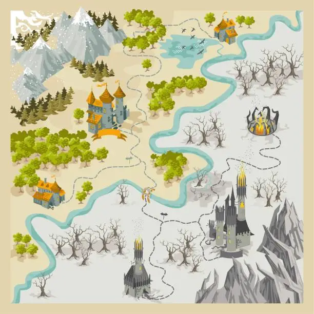 Vector illustration of Fantasy Adventure map elements with colorful doodle hand draw in vector illustration