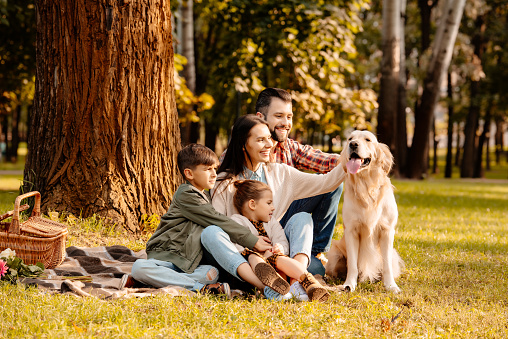 Happy family with two children sitting on a picnic blanket and petting a dog