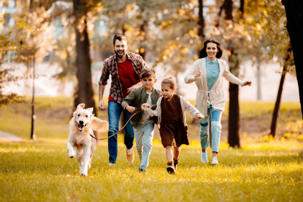 istock family running with dog in park 874731748