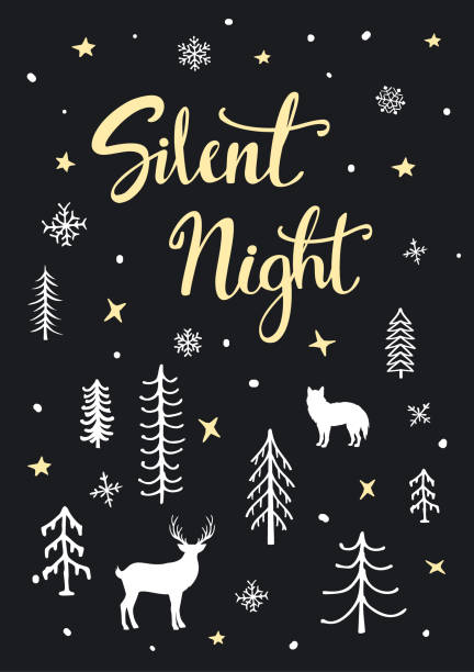 silent night xmas wesoły świąteczny plakat w tle z napisem ręcznym, kreskówkowe lasy leśne i sylwetki jeleni i wilków, - silent night illustrations stock illustrations
