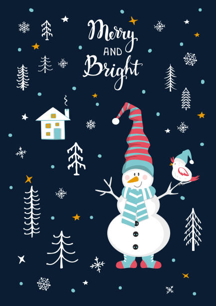 wesoła i jasna świąteczna kartka z życzeniami z uroczym bałwankiem i ptakiem w lesie z kreskówek, płatki śniegu, gwiaździsta nocna tekstura - silent night illustrations stock illustrations