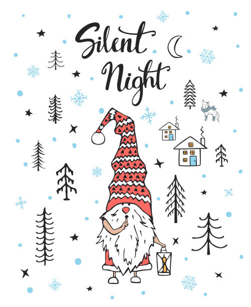 ilustrações de stock, clip art, desenhos animados e ícones de silent night handwritten hand drawn christmas greeting card background with cute gnome with beard in a woodland - silent night illustrations