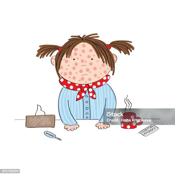 Sick Girl With Chickenpox Measles Rubeola Or Skin Rash Standing Behind The Table With Hot Tea Medicine Thermometer And Paper Handkerchief Original Hand Drawn Illustration Stock Illustration - Download Image Now