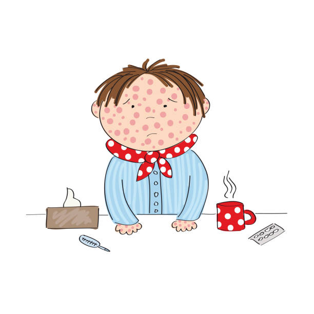 Sick boy with chickenpox, measles, rubeola or skin rash standing behind the table with hot tea, medicine, thermometer and paper handkerchief - original hand drawn illustration Vaccination question. erythema nodosum stock illustrations