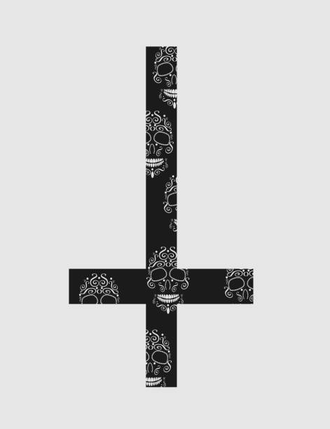 Upside down cross (inverted cross) with skulls Upside down cross (inverted cross) with skulls all hallows by the tower stock illustrations