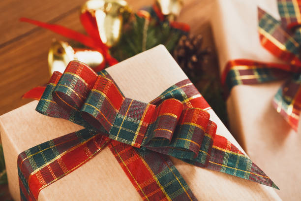 istock Gift boxes on wood, christmas presents in paper 874739008