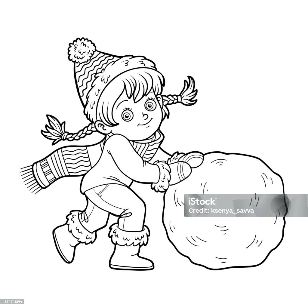 Coloring book, Girl and a ball of snow Coloring book for children, Girl and a ball of snow Black And White stock vector