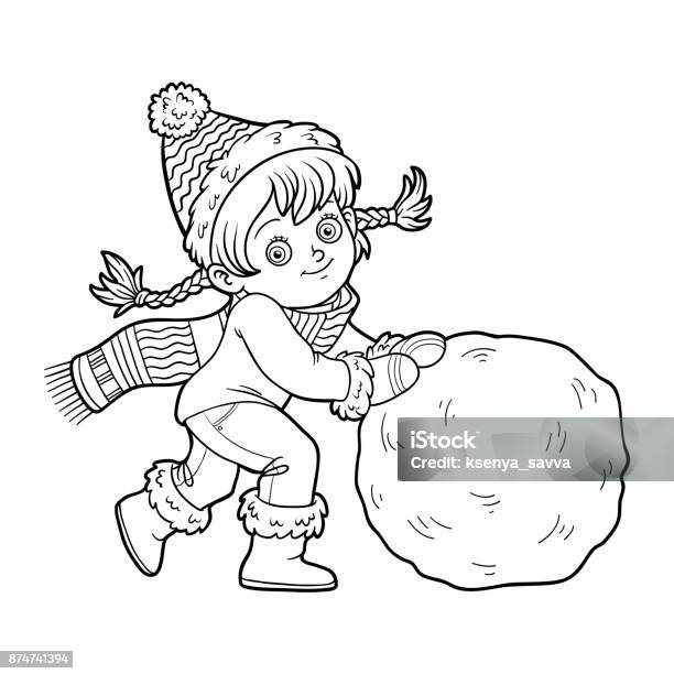 Coloring Book Girl And A Ball Of Snow Stock Illustration - Download Image Now - Black And White, Book, Cartoon