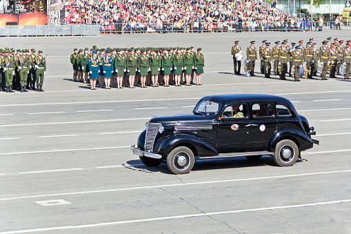 Samara: Old military transport at the parade on annual Victory Day