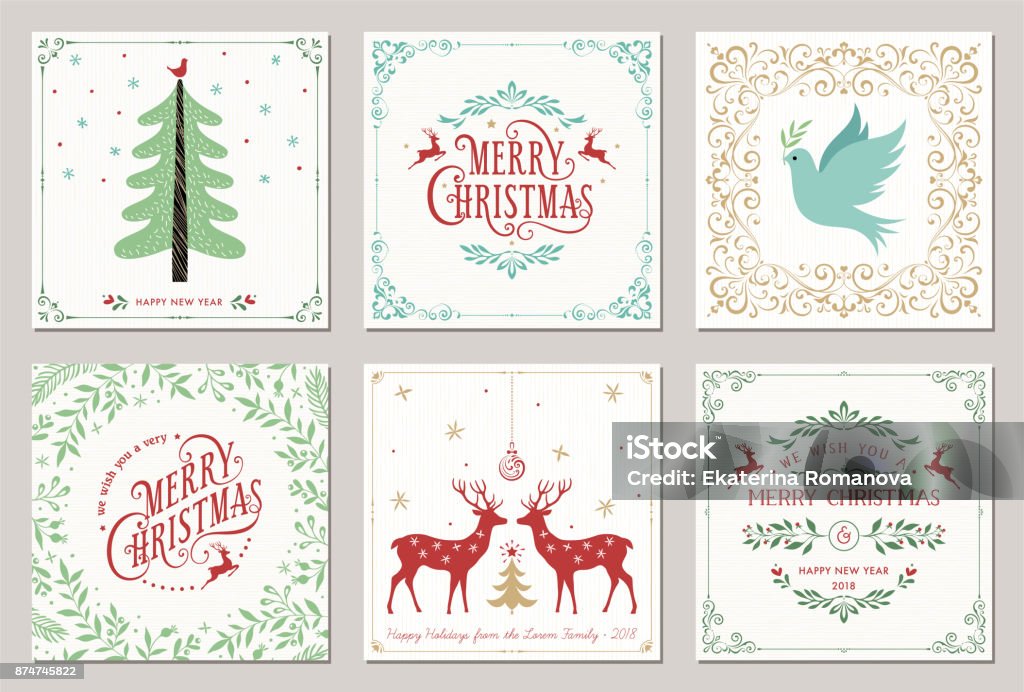 Christmas Cards_05 Ornate square winter holidays greeting cards with New Year tree, reindeers, Christmas Dove, typographic design, floral and swirl frames. Vector illustration. Christmas stock vector