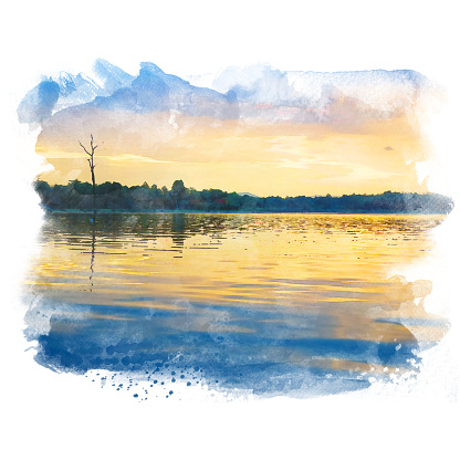 Lake in twilight with tree and beautiful sky. Watercolor painting (retouch).