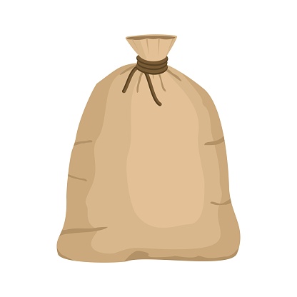Big knotted sack full isolated on white background. Brown textile bag of potatoes or grain. Canvas sack closeup