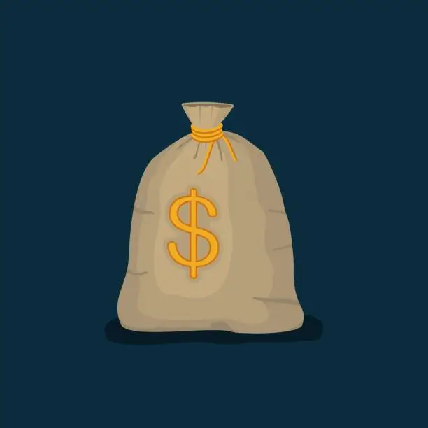 Vector illustration of Money bag with US dollar sign isolated on dark blue background. full sack icon flat cartoon style