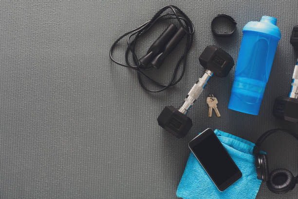 istock Fitness background, sport equipment, copy space 874752162