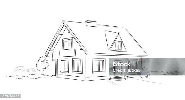 Outline Architectural Sketch Detached Tarditional House Vector Concept Stock Illustration - Download Image Now