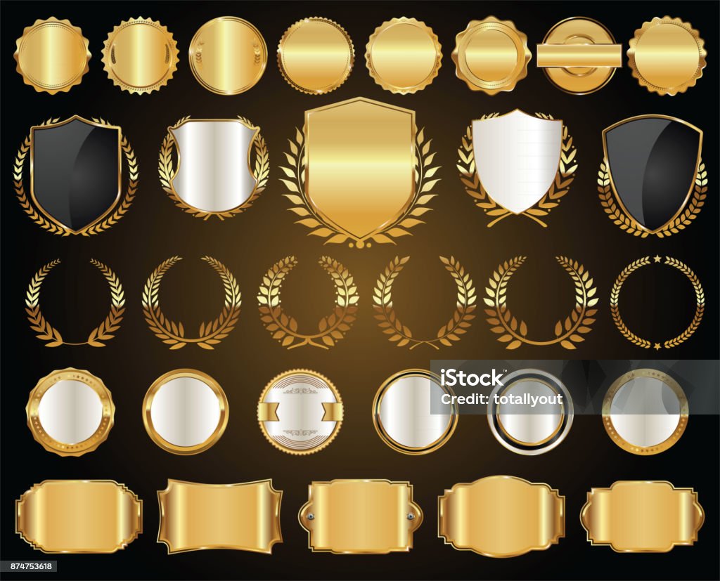 ゴールデンシールド月桂樹の花輪とバッジコレクション - 金属 金のロイヤリティフリーベクトルアート