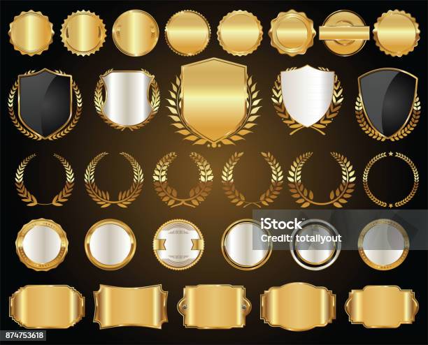 ゴールデンシールド月桂樹の花輪とバッジコレクション - 金属 金のベクターアート素材や画像を多数ご用意 - 金属 金, バッジ, 印章