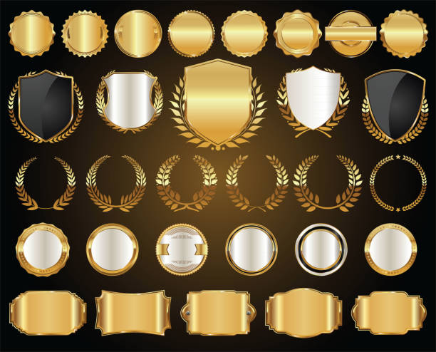 złote tarcze wieńce laurowe i odznaki kolekcja - decoration ornate scroll shape shape stock illustrations