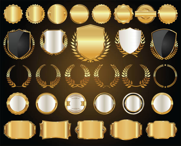 Golden shields laurel wreaths and badges collection Golden shields laurel wreaths and badges collection metal laurel wreath stock illustrations