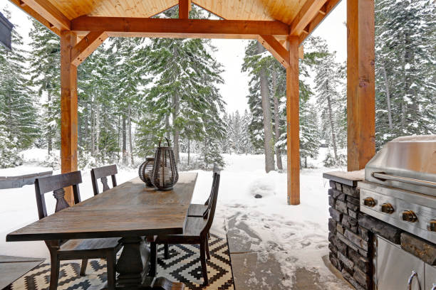 istock Covered patio with truss ceiling and outdoor kitchen 874753638
