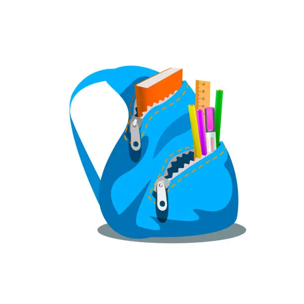 Vector illustration of Blue backpack with supplies. Vector illustration of blue backpack with supplies isolated on white.