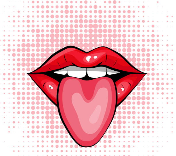 Pop art colorful design of red lips with tongue Comic pop art colorful design of red lips with tongue, vector illustration. biting lip stock illustrations