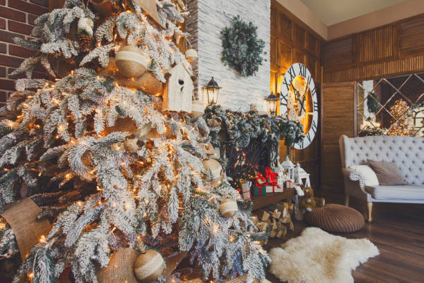 istock Cozy christmas interior with fir tree and fireplace 874756818