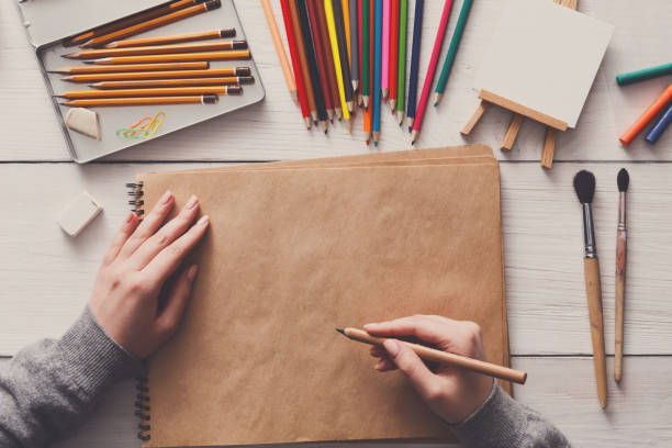 istock Workplace of artist, flat lay, top view, desktop 874757312
