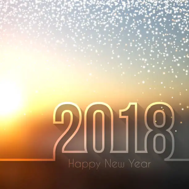 Vector illustration of Happy new year 2018 - Blurred Sunset with gold glitter (Sunrise)
