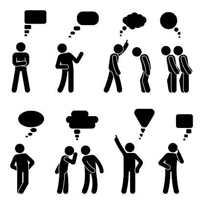 Stick figure dialog speech bubbles set. Talking, thinking, whispering body language man conversation icon pictogram