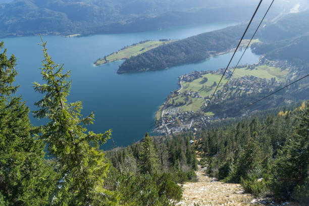 istock Panoramic view from Herzogstand to the cable car at Walchensee. 874779066