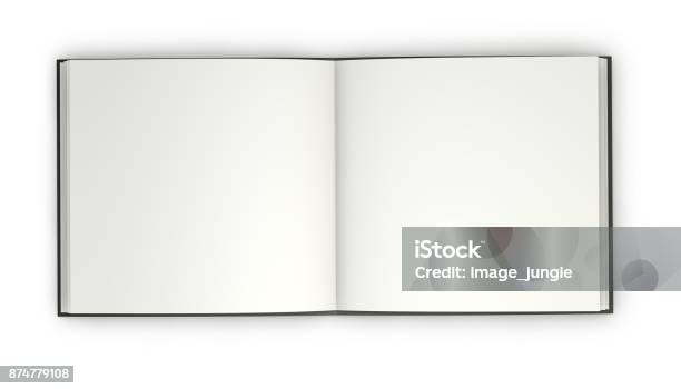 Open Booklet With Dark Hardcover And Blank Square Pages Mockup Illustration Stock Photo - Download Image Now