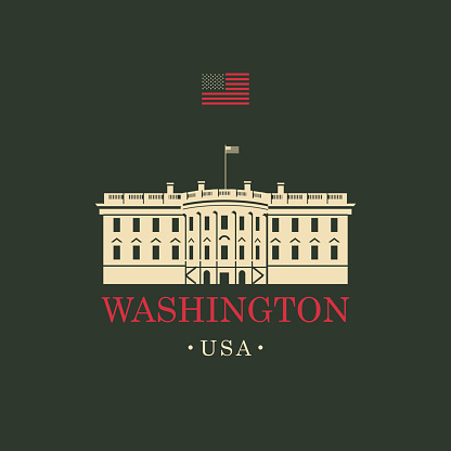 Vector travel banner. The presidential residence the White house in Washington, DC. USA landmark with american flag