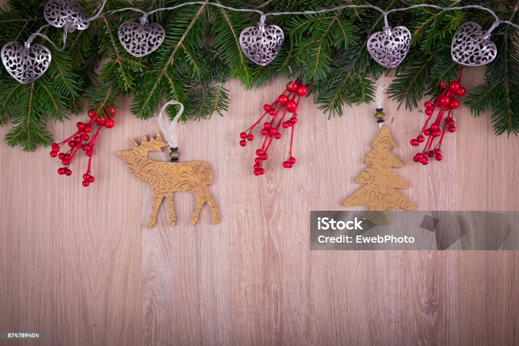 Christmas ornaments with holly, pine tree and hearts Advent Stock Photo